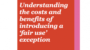 Red square with pink border on right side, with the words "Understanding the costs and benefits of introducing a 'fair use' exception" in white