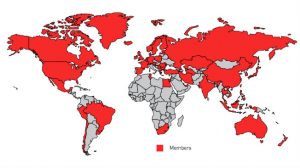 Map of the world with red areas for countries with Screenrights members