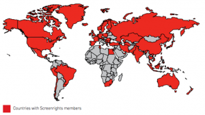 World map showing countries with Screenrights members in red