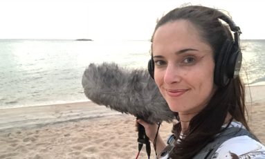 Sound recordist Alicia Butterworth with mic Sound recordist Alicia Butterworth with mic